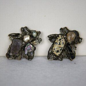 2 Funky Unique Handmade Brooch Pin Silvertone Natural Stones